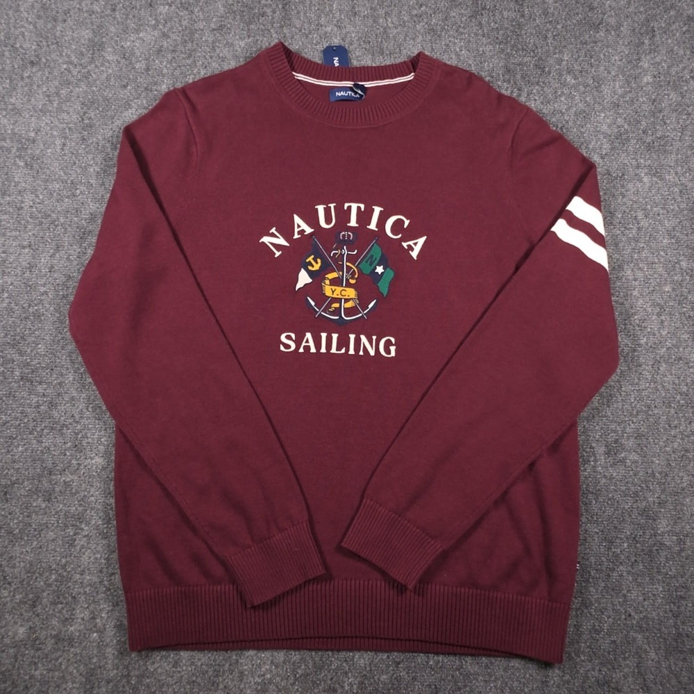 NWT Nautica Sailing Sweater Mens LT Tall Burgundy Crew Neck Embroidered Pullover
